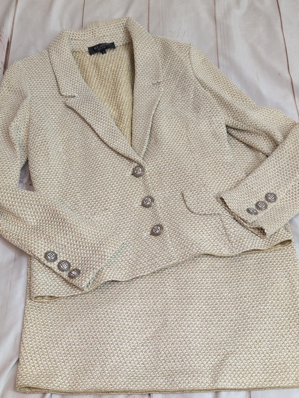 St. John Metallic Gold Cream Knit Skirt Suit Set Size 10 Jeweled Buttons